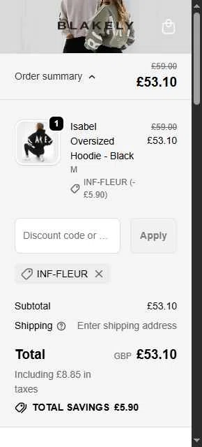 Blakely Clothing checkout page showing Blakely Clothing discount code box | Screenshot taken by SimplyCodes community member on Feb 11, 2026
