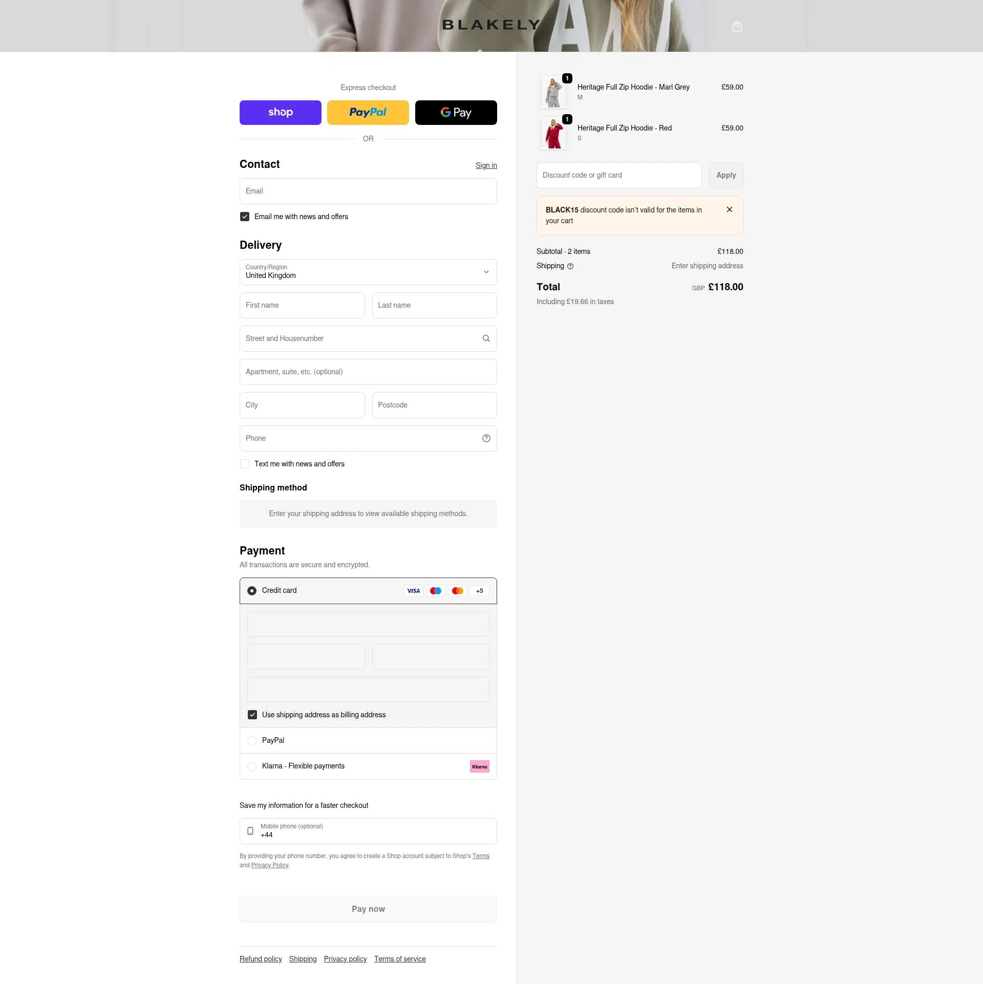 Blakely Clothing checkout page showing Blakely Clothing discount code box | Screenshot taken by SimplyCodes community member on Feb 7, 2026