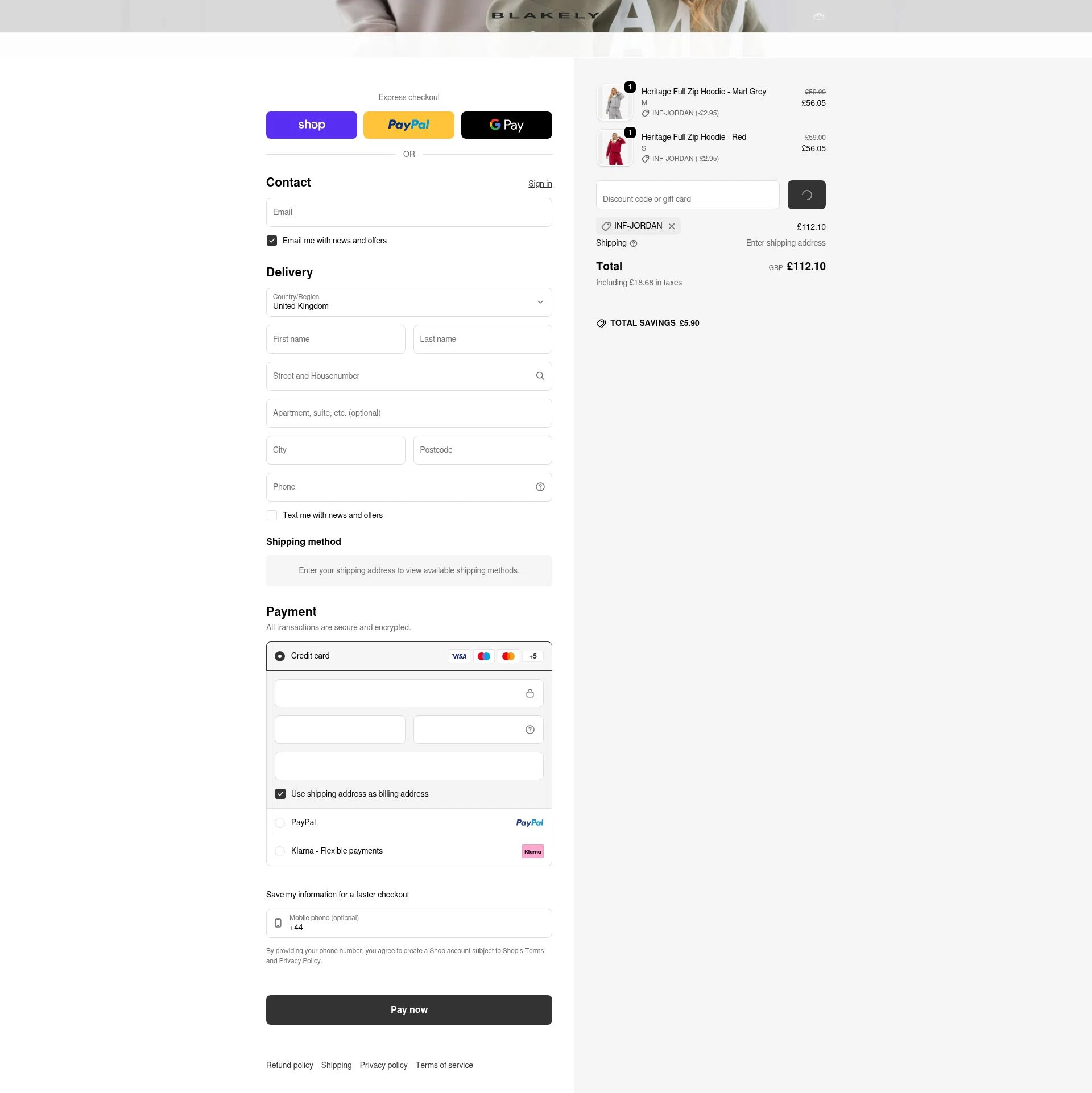 Blakely Clothing checkout page showing Blakely Clothing discount code box | Screenshot taken by SimplyCodes community member on Feb 2, 2026