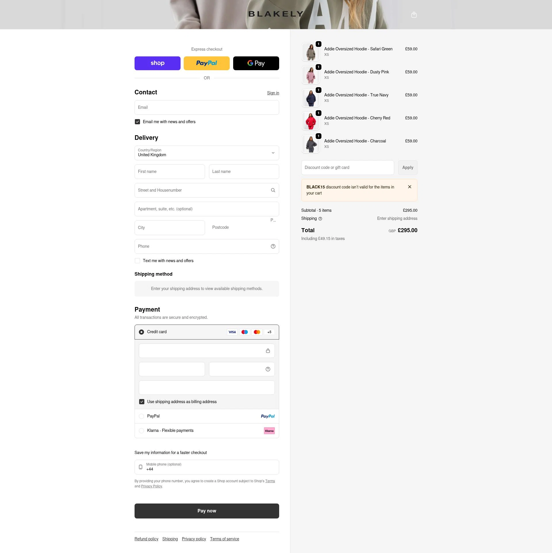 Blakely Clothing checkout page showing Blakely Clothing discount code box | Screenshot taken by SimplyCodes community member on Feb 11, 2026