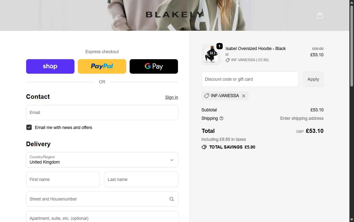 Blakely Clothing checkout page showing Blakely Clothing discount code box | Screenshot taken by SimplyCodes community member on Feb 11, 2026