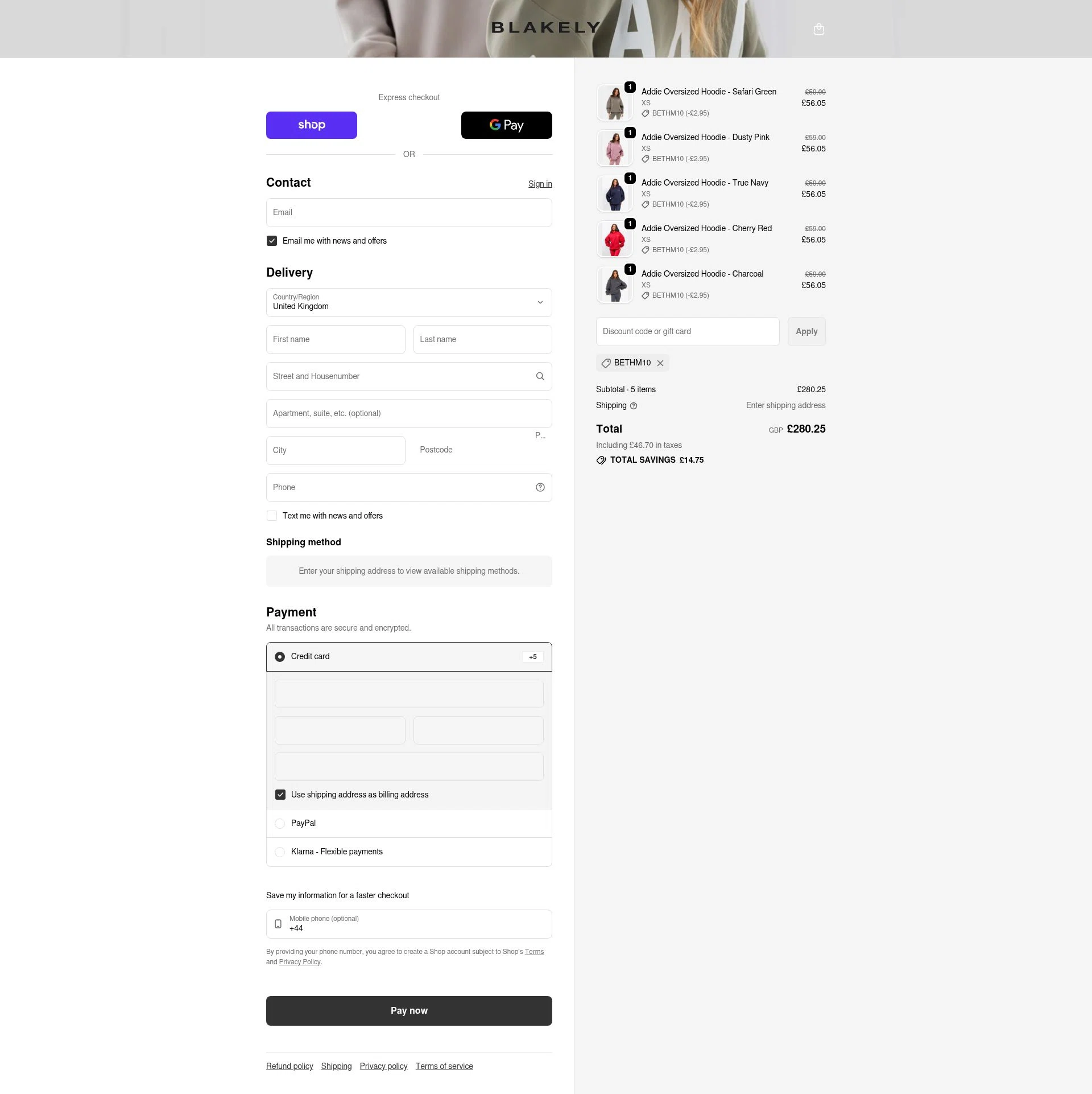 Blakely Clothing checkout page showing Blakely Clothing discount code box | Screenshot taken by SimplyCodes community member on Feb 9, 2026