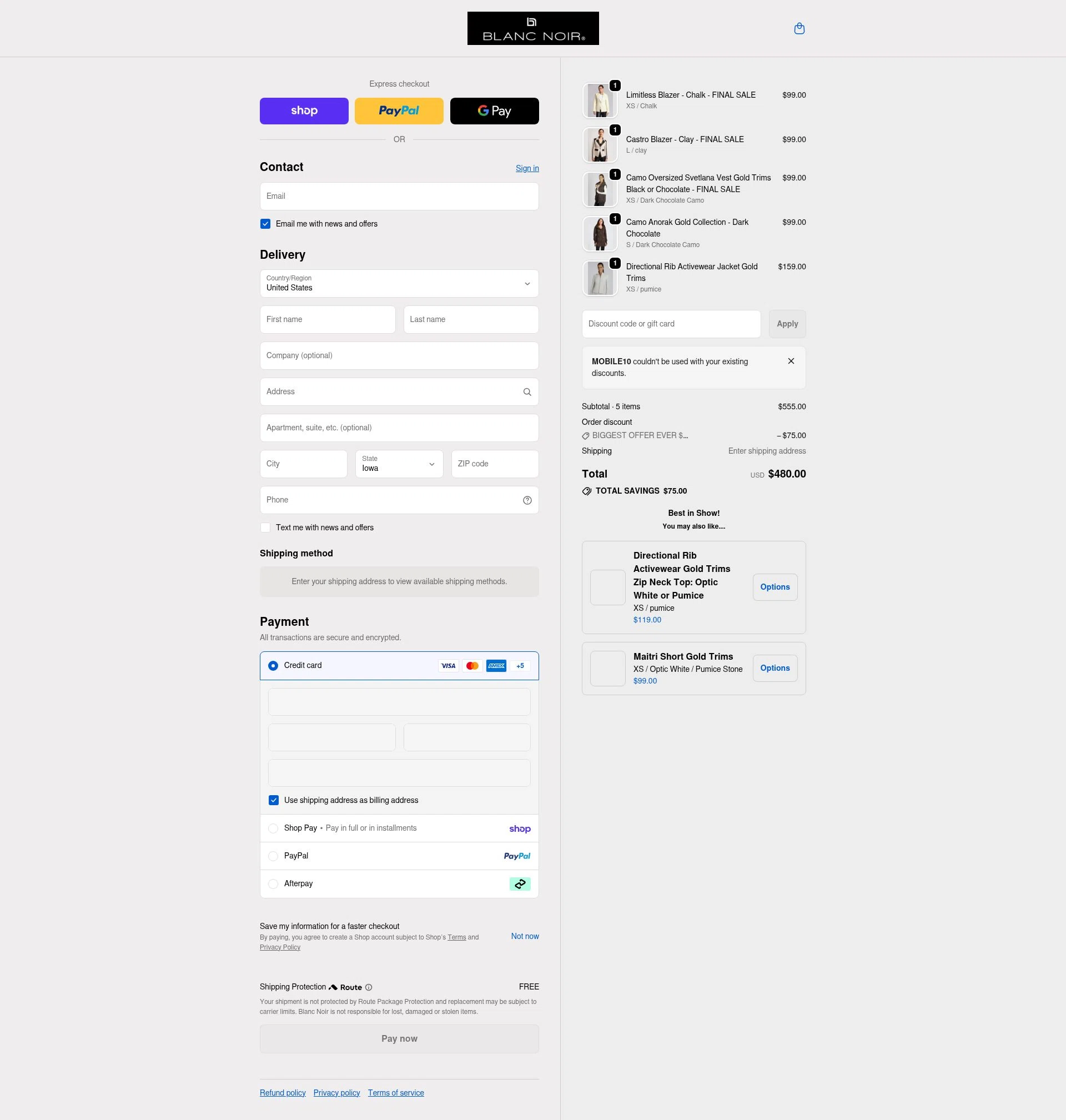 Blanc Noir checkout page showing Blanc Noir discount code box | Screenshot taken by SimplyCodes community member on Feb 16, 2026