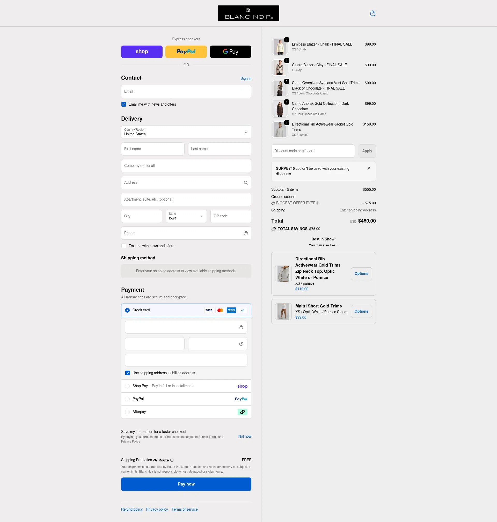 Blanc Noir checkout page showing Blanc Noir discount code box | Screenshot taken by SimplyCodes community member on Feb 16, 2026