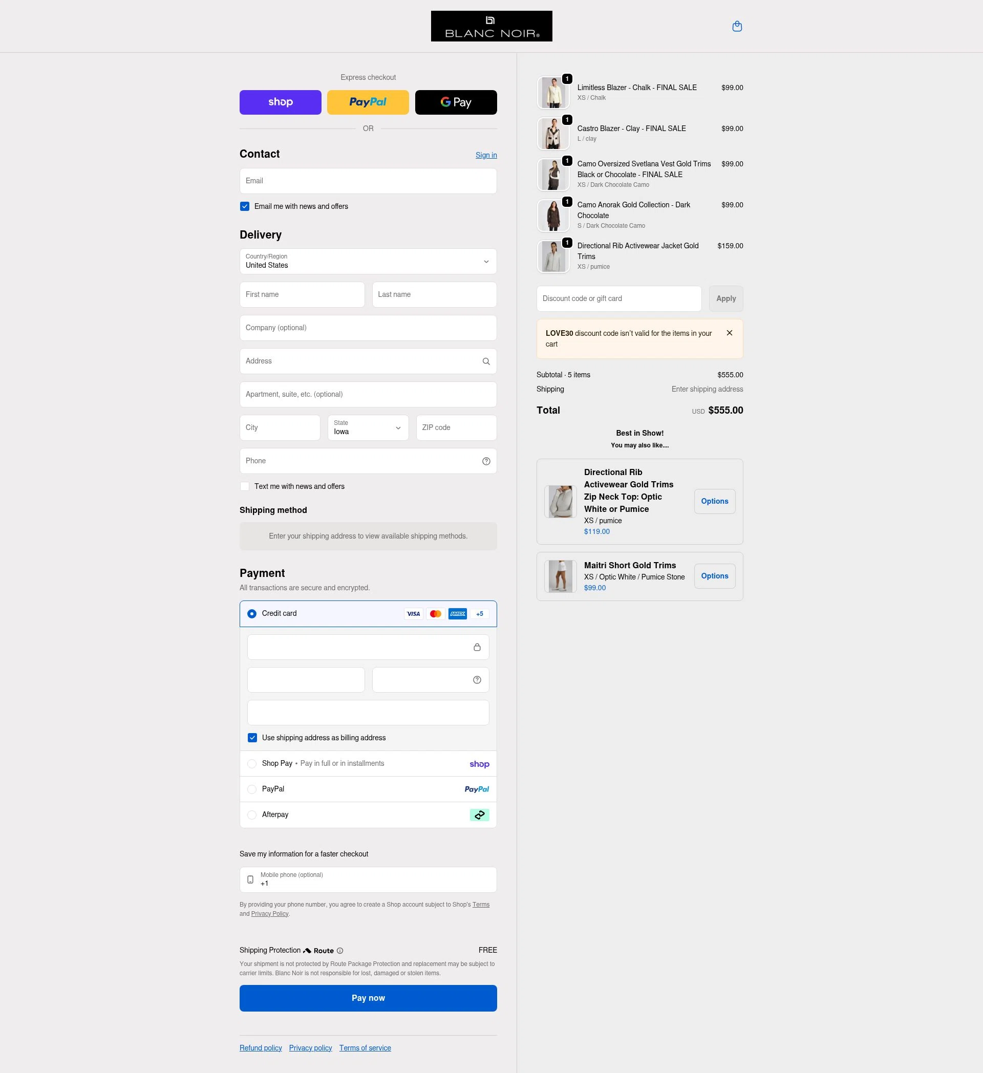 Blanc Noir checkout page showing Blanc Noir discount code box | Screenshot taken by SimplyCodes community member on Feb 12, 2026