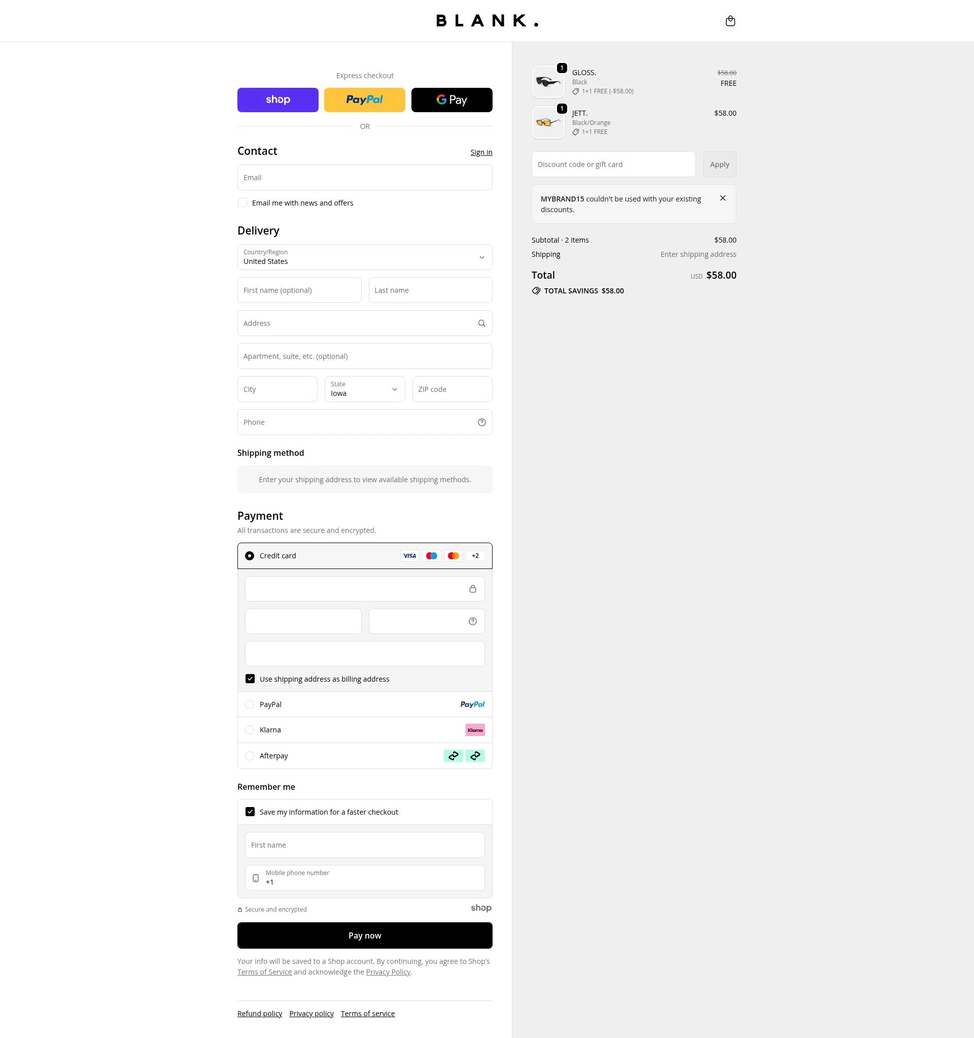 Blank Sunglasses checkout page showing Blank Sunglasses discount code box | Screenshot taken by SimplyCodes community member on Dec 31, 2025