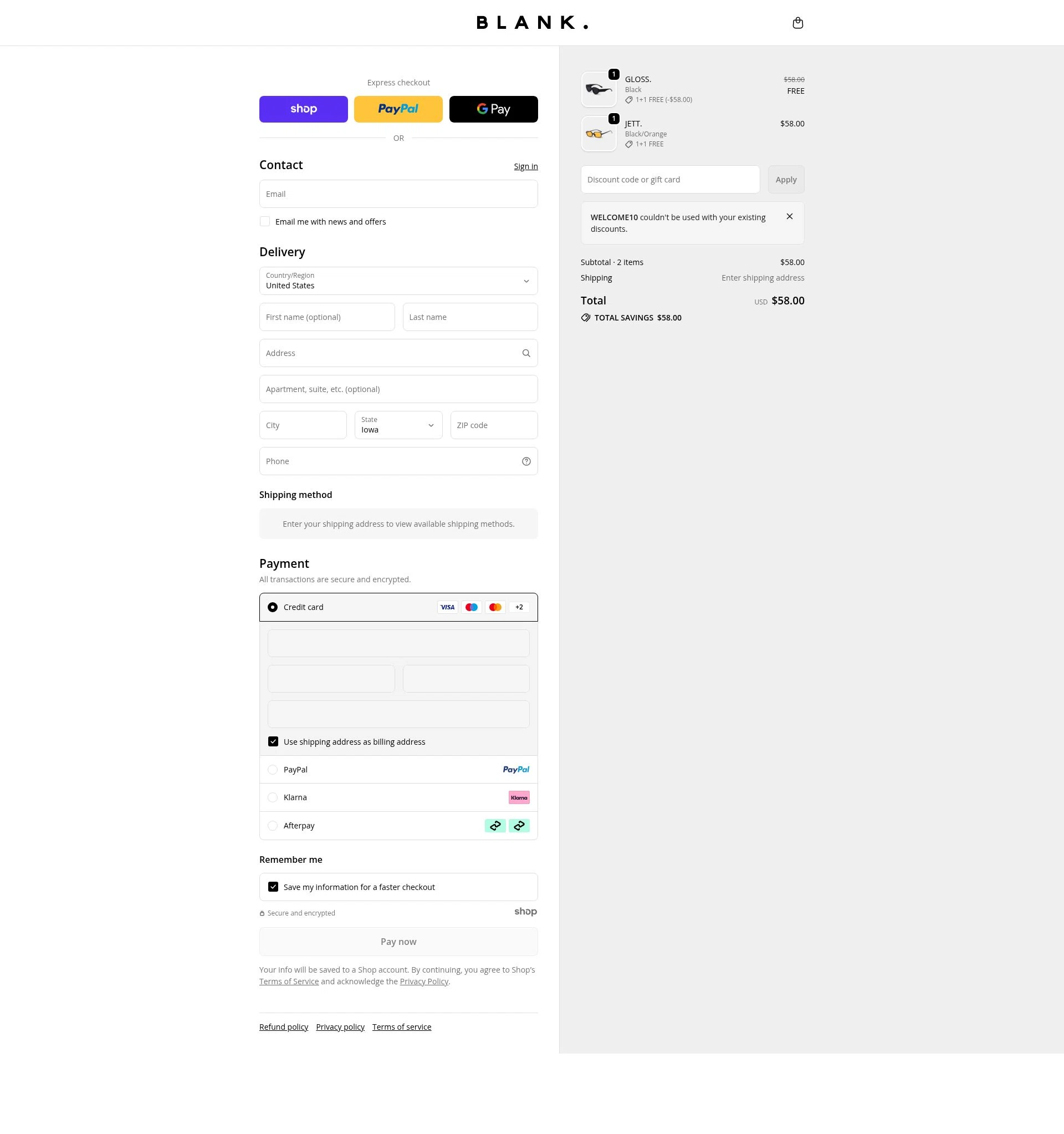 Blank Sunglasses checkout page showing Blank Sunglasses discount code box | Screenshot taken by SimplyCodes community member on Dec 31, 2025