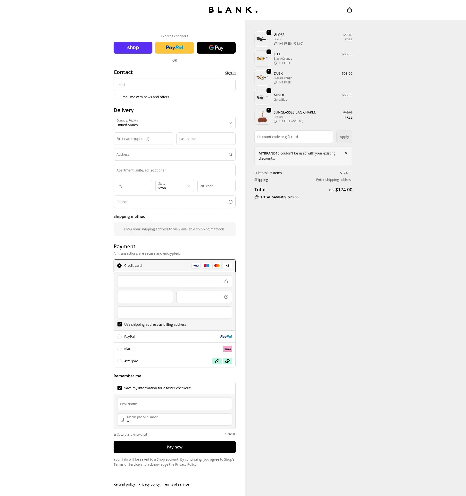 Blank Sunglasses checkout page showing Blank Sunglasses discount code box | Screenshot taken by SimplyCodes community member on Dec 21, 2025