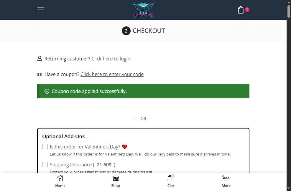 Blasters4Masters checkout page showing Blasters4Masters promo code box | Screenshot taken by SimplyCodes community member on Jan 18, 2026