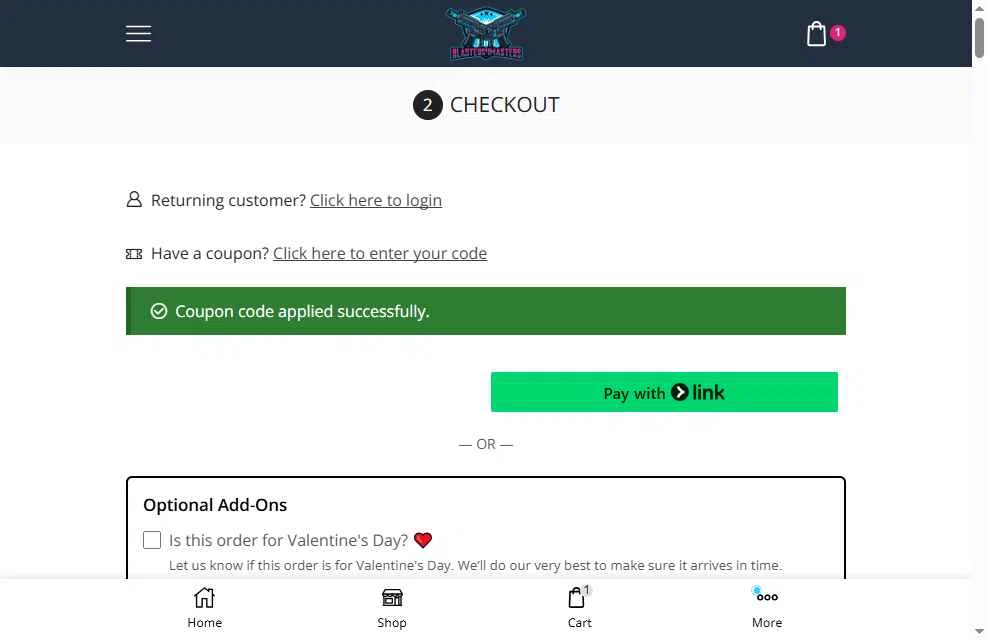 Blasters4Masters checkout page showing Blasters4Masters promo code box | Screenshot taken by SimplyCodes community member on Jan 25, 2026