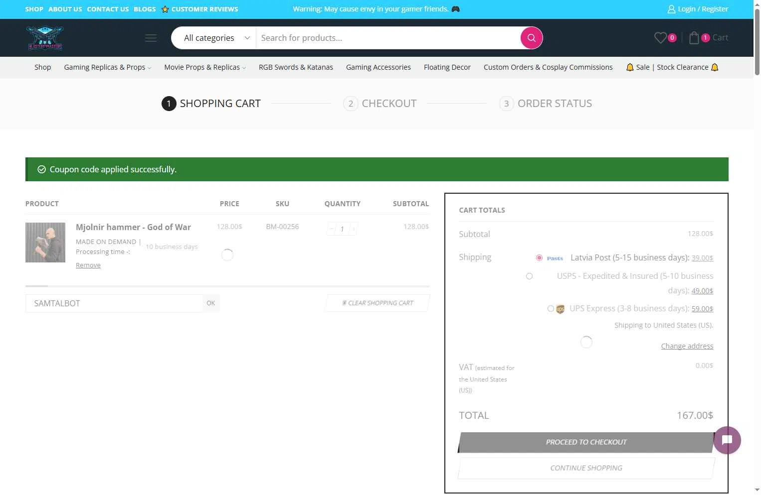 Blasters4Masters checkout page showing Blasters4Masters promo code box | Screenshot taken by SimplyCodes community member on Jan 18, 2026