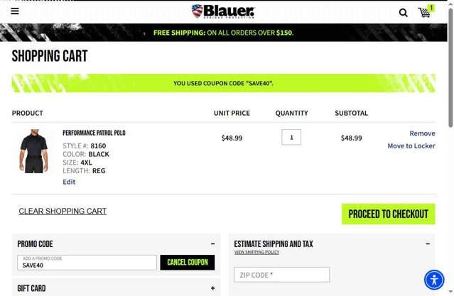 Blauer checkout page showing Blauer promo code box | Screenshot taken by SimplyCodes community member on Aug 21, 2025