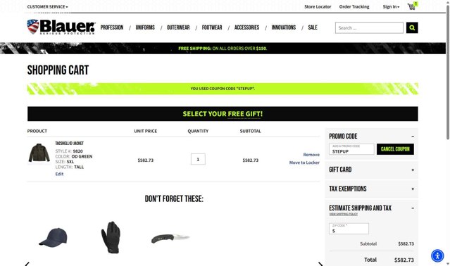 Blauer checkout page showing Blauer promo code box | Screenshot taken by SimplyCodes community member on Jul 13, 2025