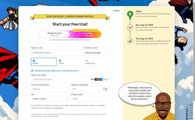Blaze.ai checkout page showing Blaze.ai promo code box | Screenshot taken by SimplyCodes community member on Aug 5, 2025