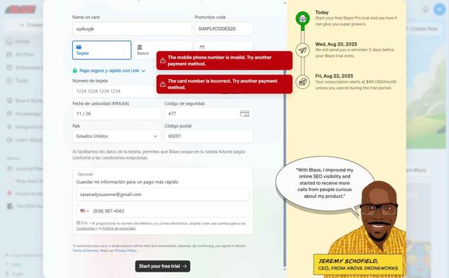 Blaze.ai checkout page showing Blaze.ai promo code box | Screenshot taken by SimplyCodes community member on Aug 15, 2025