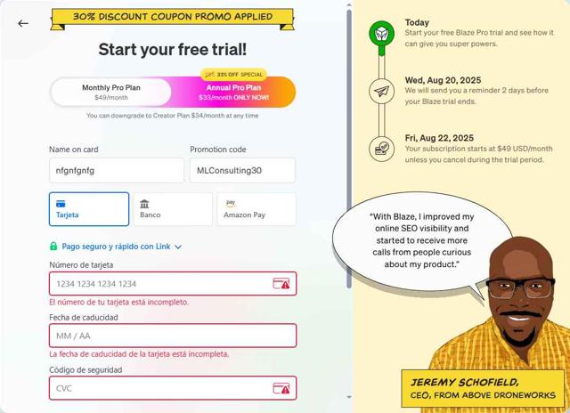 Blaze.ai checkout page showing Blaze.ai promo code box | Screenshot taken by SimplyCodes community member on Aug 15, 2025