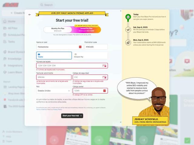 Blaze.ai checkout page showing Blaze.ai promo code box | Screenshot taken by SimplyCodes community member on Sep 1, 2025