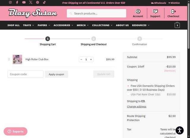 Blazy Susan checkout page showing Blazy Susan coupon code box | Screenshot taken by SimplyCodes community member on Apr 21, 2025