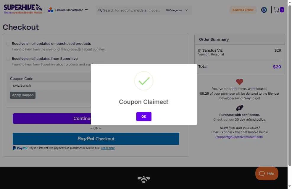 Blender Market checkout page showing Blender Market discount code box | Screenshot taken by SimplyCodes community member on Nov 18, 2025