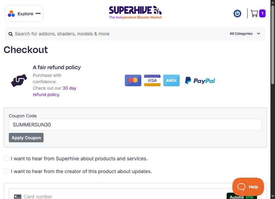 Blender Market checkout page showing Blender Market discount code box | Screenshot taken by SimplyCodes community member on Jul 25, 2025