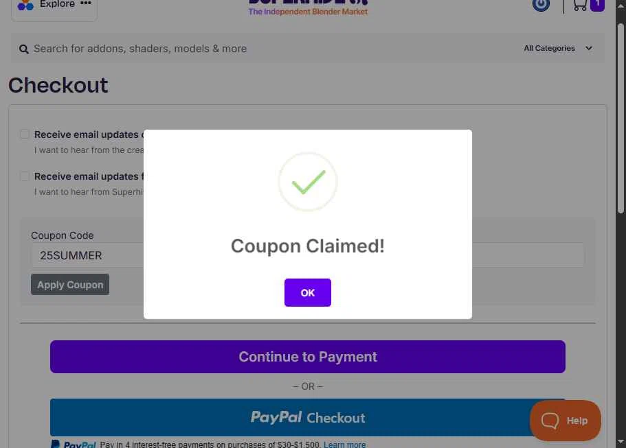 Blender Market checkout page showing Blender Market discount code box | Screenshot taken by SimplyCodes community member on Aug 25, 2025