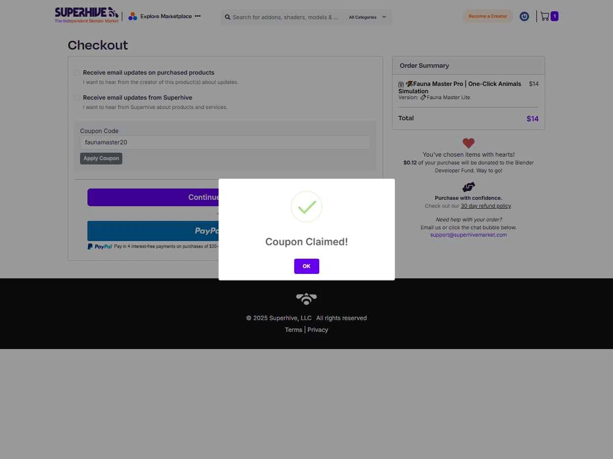 Blender Market checkout page showing Blender Market discount code box | Screenshot taken by SimplyCodes community member on Oct 11, 2025