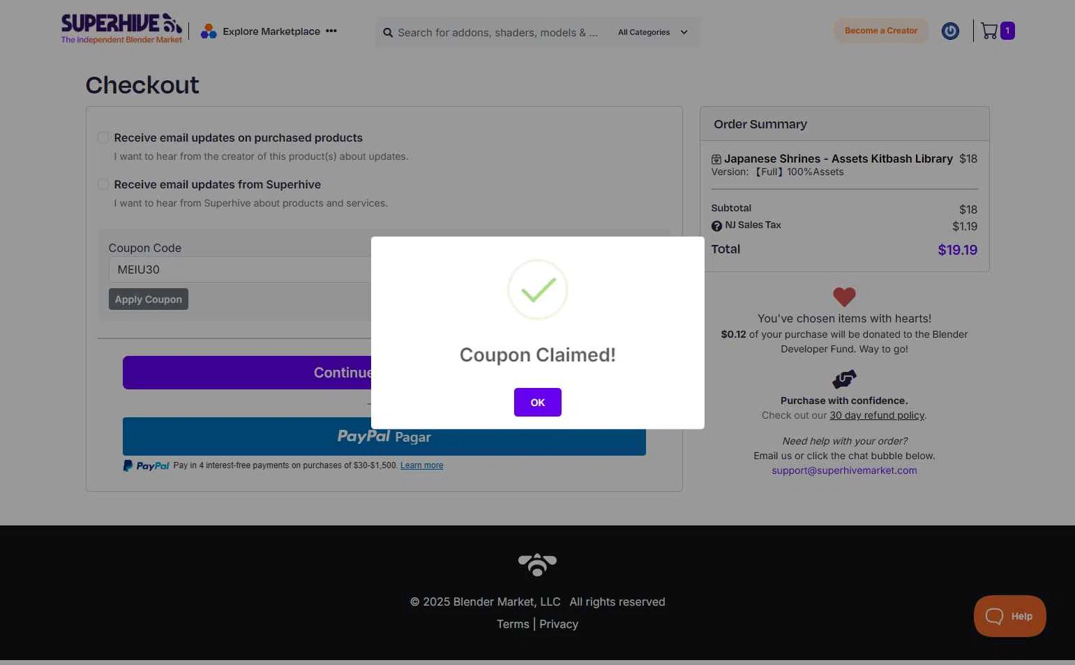 Blender Market checkout page showing Blender Market discount code box | Screenshot taken by SimplyCodes community member on Aug 11, 2025