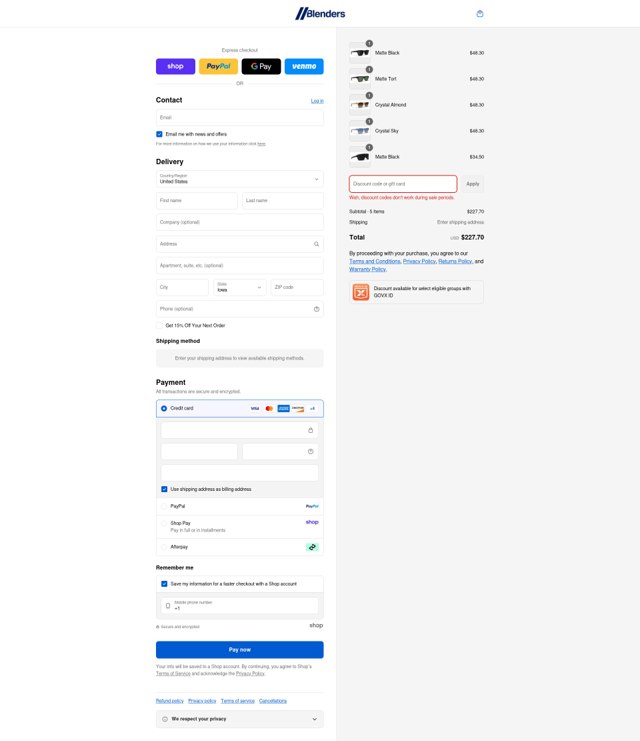 Blenders Eyewear checkout page showing Blenders Eyewear discount code box | Screenshot taken by SimplyCodes community member on Aug 30, 2025