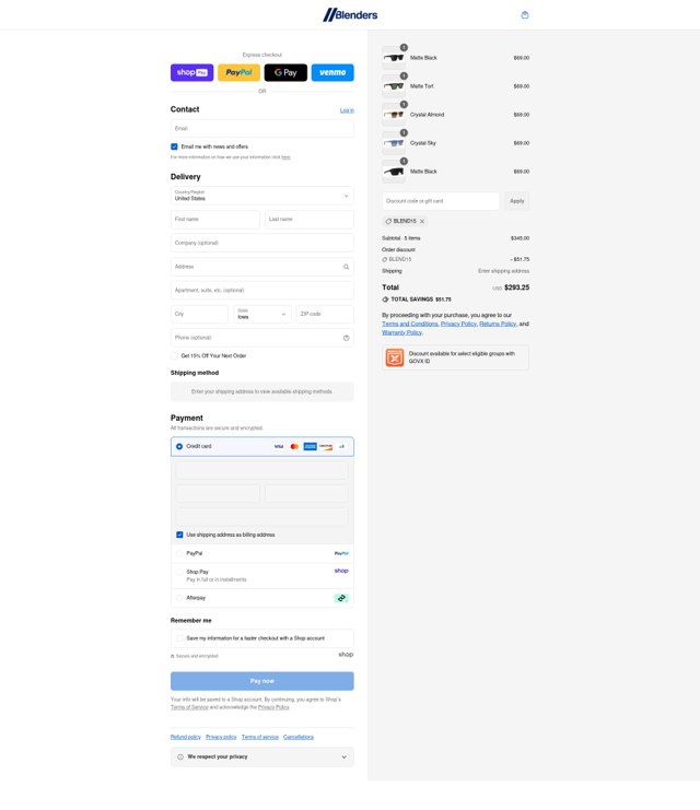 Blenders Eyewear checkout page showing Blenders Eyewear discount code box | Screenshot taken by SimplyCodes community member on Aug 22, 2025