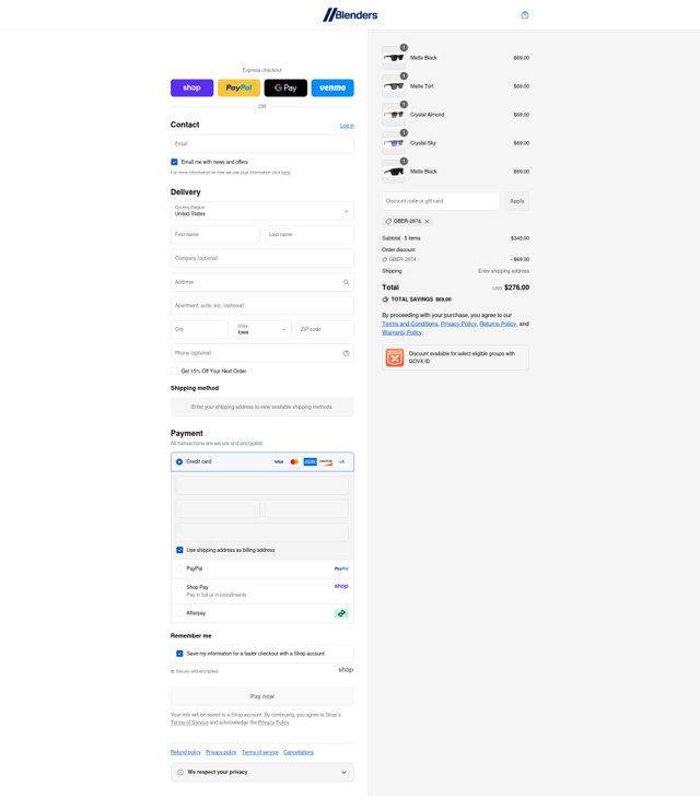 Blenders Eyewear checkout page showing Blenders Eyewear discount code box | Screenshot taken by SimplyCodes community member on Sep 4, 2025