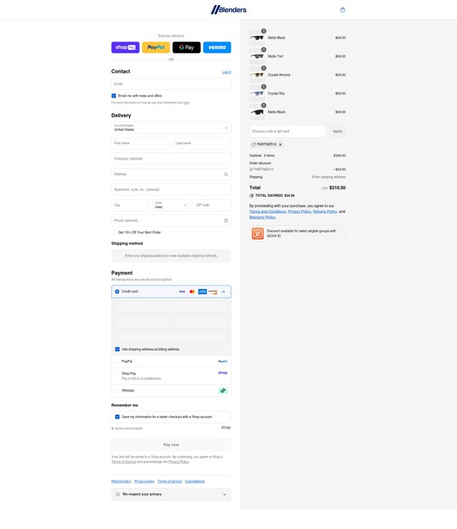 Blenders Eyewear checkout page showing Blenders Eyewear discount code box | Screenshot taken by SimplyCodes community member on Aug 22, 2025