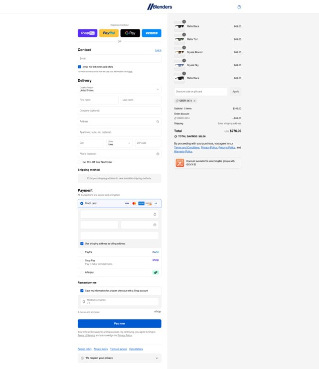 Blenders Eyewear checkout page showing Blenders Eyewear discount code box | Screenshot taken by SimplyCodes community member on Aug 22, 2025