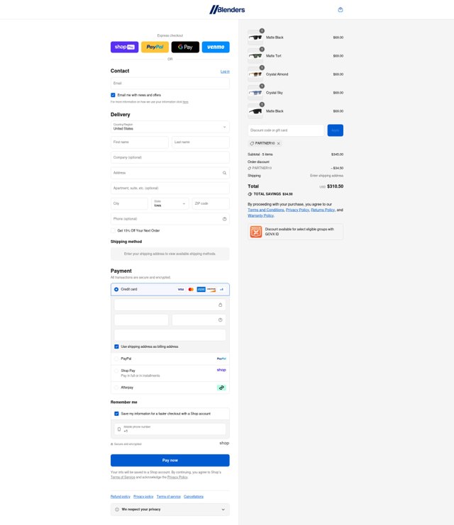 Blenders Eyewear checkout page showing Blenders Eyewear discount code box | Screenshot taken by SimplyCodes community member on Aug 26, 2025