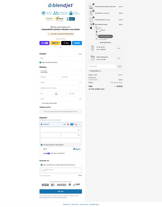 BlendJet checkout page showing BlendJet discount code box | Screenshot taken by SimplyCodes community member on Jul 24, 2025