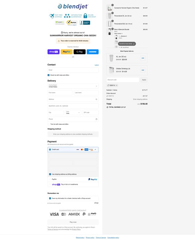 BlendJet checkout page showing BlendJet discount code box | Screenshot taken by SimplyCodes community member on Jul 24, 2025