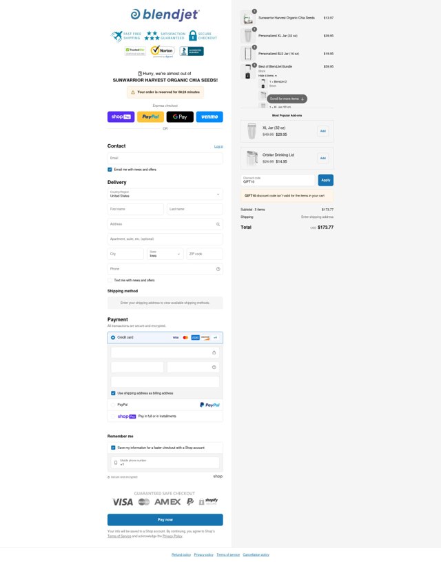 BlendJet checkout page showing BlendJet discount code box | Screenshot taken by SimplyCodes community member on Jul 24, 2025