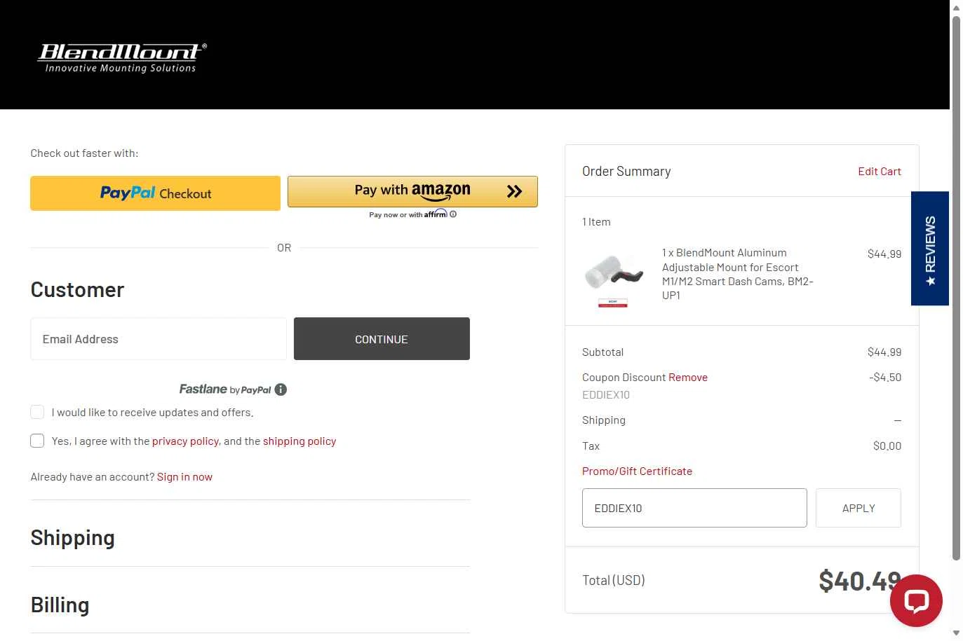BlendMount checkout page showing BlendMount coupon code box | Screenshot taken by SimplyCodes community member on Dec 18, 2025