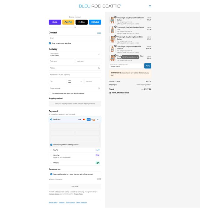Bleu Rod Beattie checkout page showing Bleu Rod Beattie promo code box | Screenshot taken by SimplyCodes community member on Aug 29, 2025