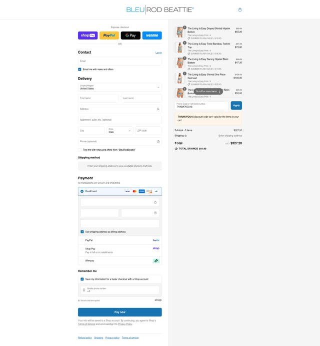 Bleu Rod Beattie checkout page showing Bleu Rod Beattie promo code box | Screenshot taken by SimplyCodes community member on Aug 24, 2025