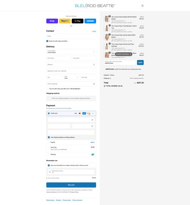 Bleu Rod Beattie checkout page showing Bleu Rod Beattie promo code box | Screenshot taken by SimplyCodes community member on Aug 29, 2025