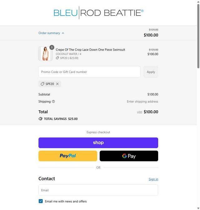 Bleu Rod Beattie checkout page showing Bleu Rod Beattie promo code box | Screenshot taken by SimplyCodes community member on Sep 9, 2025