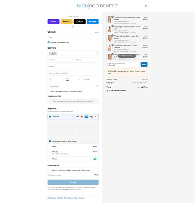 Bleu Rod Beattie checkout page showing Bleu Rod Beattie promo code box | Screenshot taken by SimplyCodes community member on Aug 29, 2025