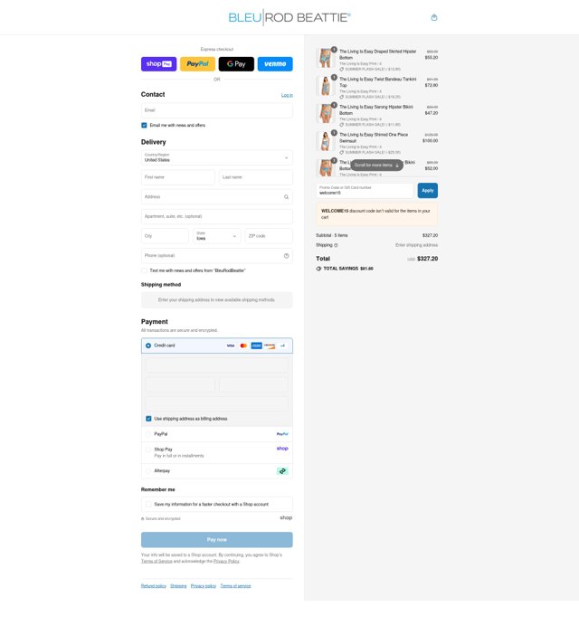 Bleu Rod Beattie checkout page showing Bleu Rod Beattie promo code box | Screenshot taken by SimplyCodes community member on Aug 24, 2025