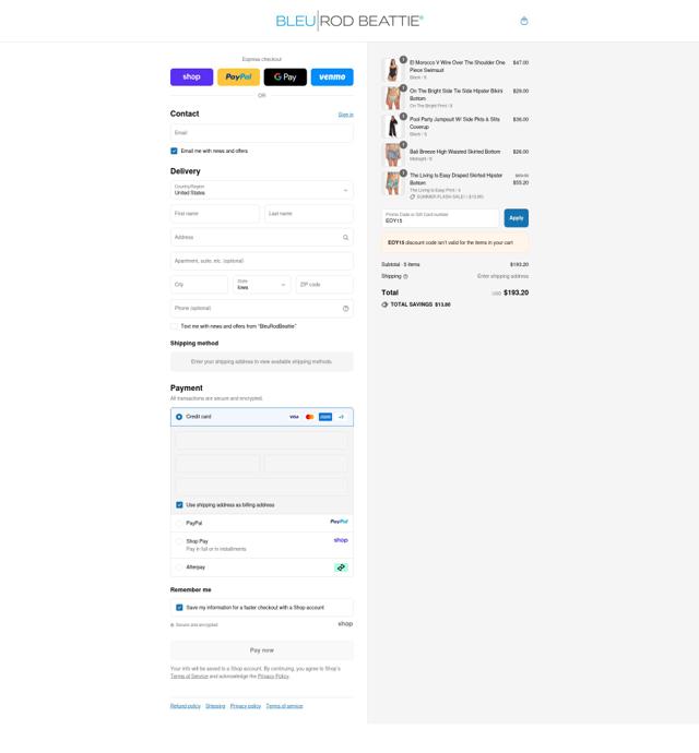 Bleu Rod Beattie checkout page showing Bleu Rod Beattie promo code box | Screenshot taken by SimplyCodes community member on Sep 10, 2025