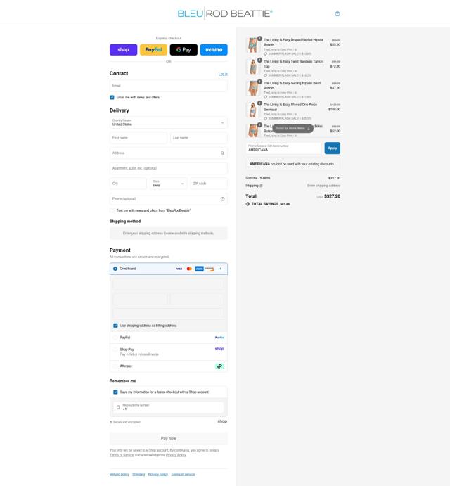 Bleu Rod Beattie checkout page showing Bleu Rod Beattie promo code box | Screenshot taken by SimplyCodes community member on Sep 6, 2025