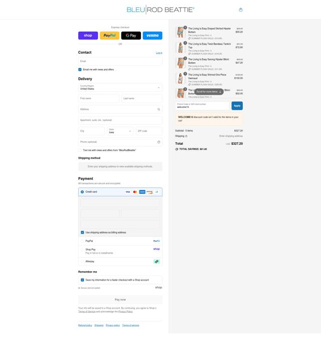 Bleu Rod Beattie checkout page showing Bleu Rod Beattie promo code box | Screenshot taken by SimplyCodes community member on Sep 6, 2025