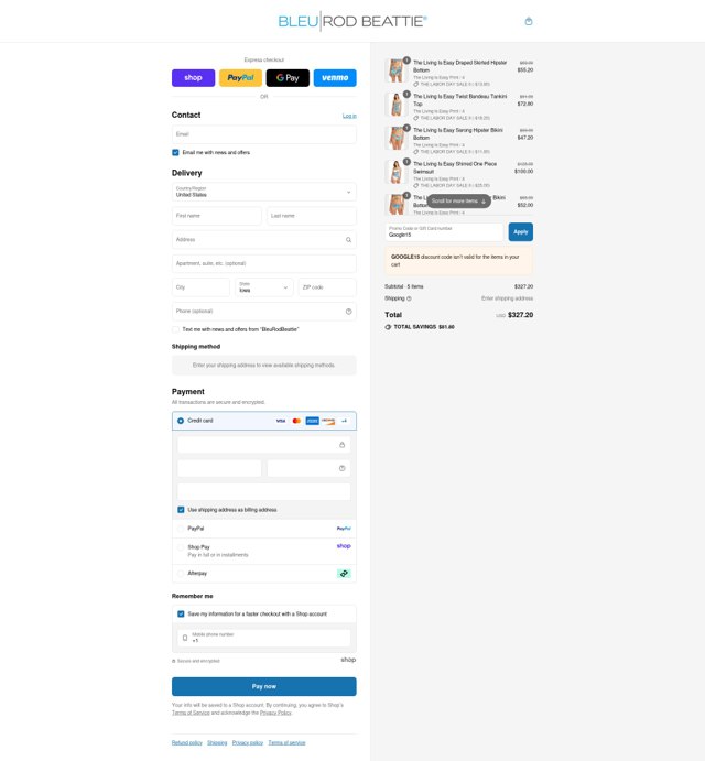 Bleu Rod Beattie checkout page showing Bleu Rod Beattie promo code box | Screenshot taken by SimplyCodes community member on Aug 29, 2025
