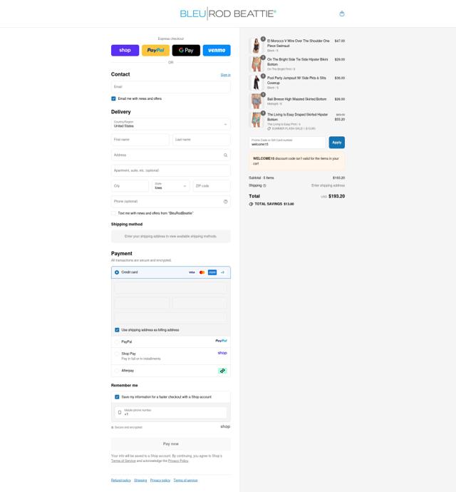 Bleu Rod Beattie checkout page showing Bleu Rod Beattie promo code box | Screenshot taken by SimplyCodes community member on Sep 10, 2025