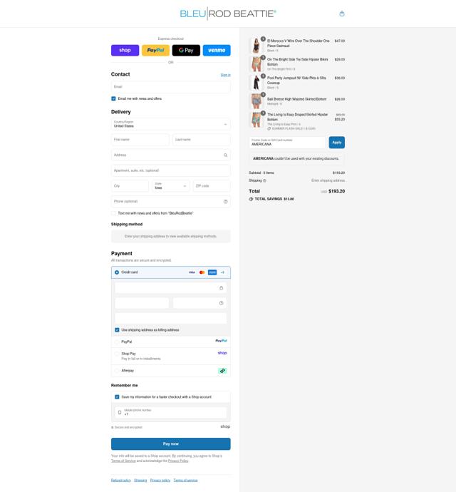 Bleu Rod Beattie checkout page showing Bleu Rod Beattie promo code box | Screenshot taken by SimplyCodes community member on Sep 10, 2025