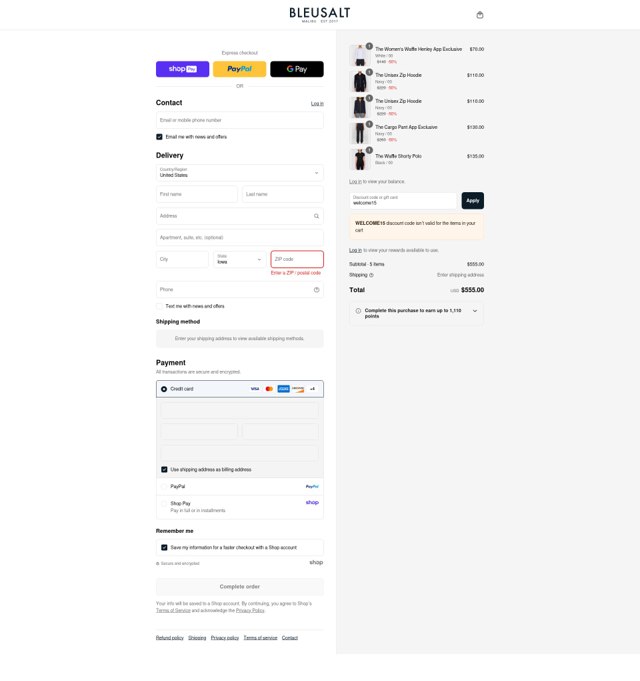 Bleusalt checkout page showing Bleusalt promo code box | Screenshot taken by SimplyCodes community member on Aug 25, 2025